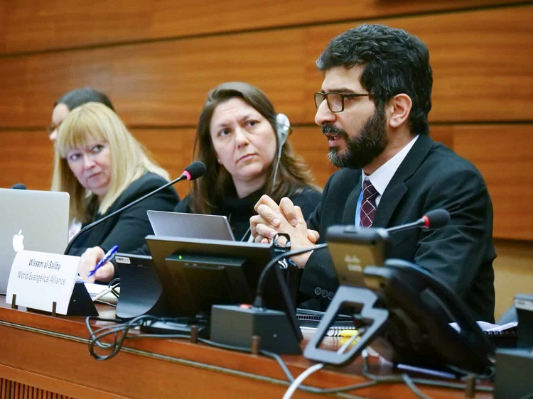 Wissam al-Saliby, Director of WEA’s Office in Geneva, speaks on the impact of sanction on the work of churches that seek to provide humanitarian aid at grassroots on March 10, 2023.