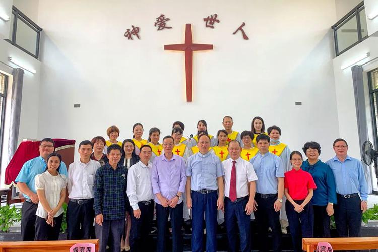 Church leaders, believers, and choir members took a group picture during a dedication service and inauguration ceremony held for a gathering site at Zhigong Farm in Yangxi County, Yangjiang City, Guangdong Province, on May 17, 2023. 