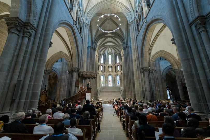25 June 2023, Geneva, Switzerland: The World Council of Churches central committee – gathered in Geneva on 21-27 June 2023 for its first full meeting following the WCC 11th Assembly in Karlsruhe in 2022 – joins local congregants at the St Pierre Cathedral in central Geneva to celebrate the 75th anniversary since the founding of the Council in 1948.