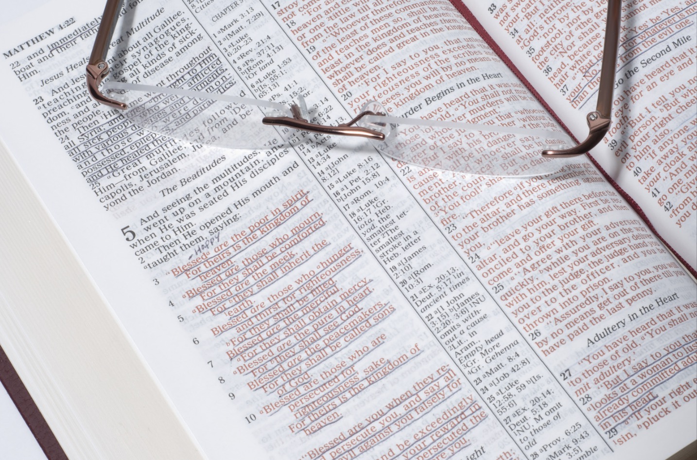 A pair of glasses is on the page Sermon on the Mount of an opened bible.