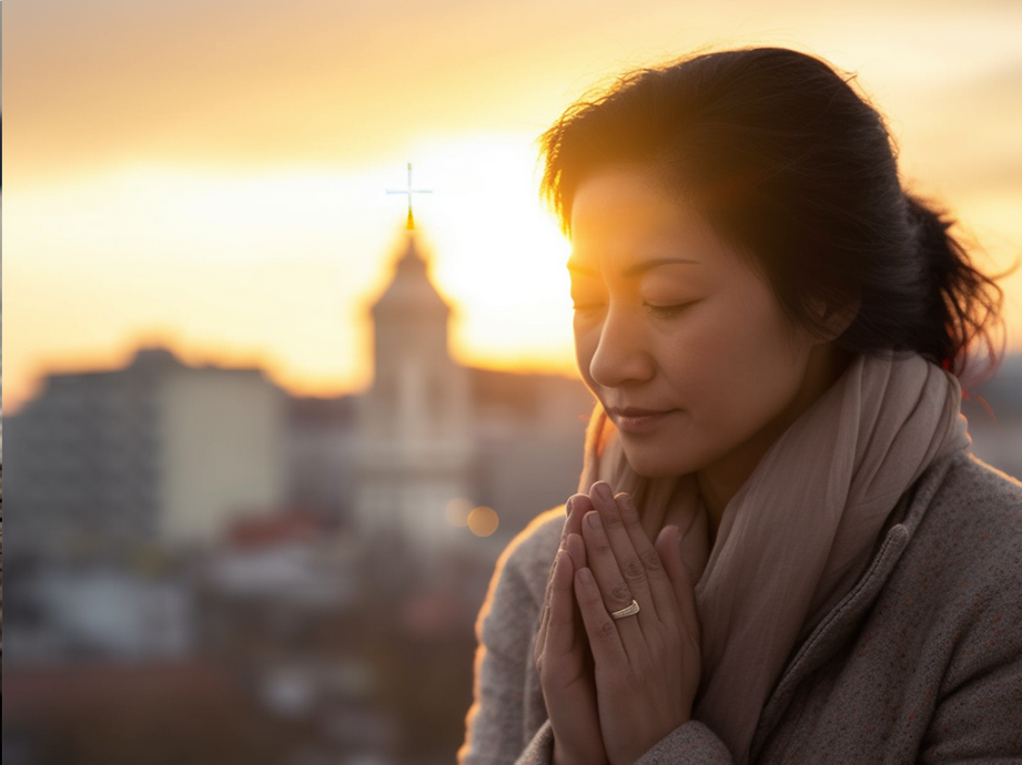 A woman prays at the sunset.