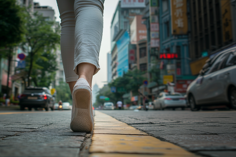 A woman walks on the street.