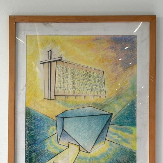 A picture hung inside the Rock Church in Hangzhou, Zhejiang, with an object in the shape of a church