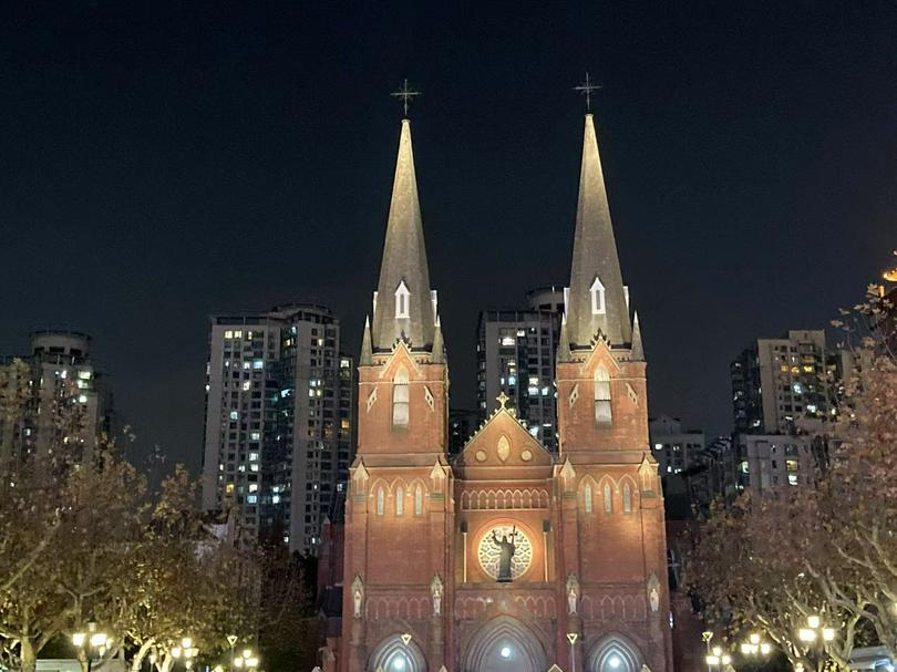 An exterior view of St. Ignatius Cathedral in Xujiahui District, Shanghai, on the night of December 24, 2024