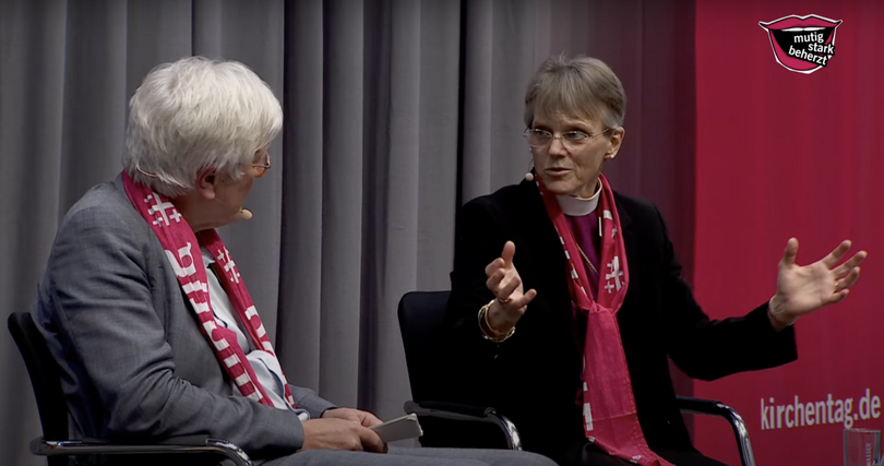 Bishop Marianne Edgar Budde, Bishop of the Episcopal Diocese of Washington, DC, and Bishop Dr Heinrich Bedford-Strohm, moderator of the World Council of Churches central committee were engaged in a conversation at Kirchentag in Hanover, Germany, on May 2, 2025.