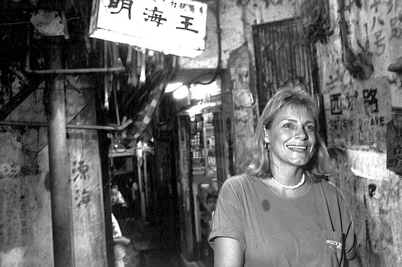 A black and white photo of Jackie Pullinger