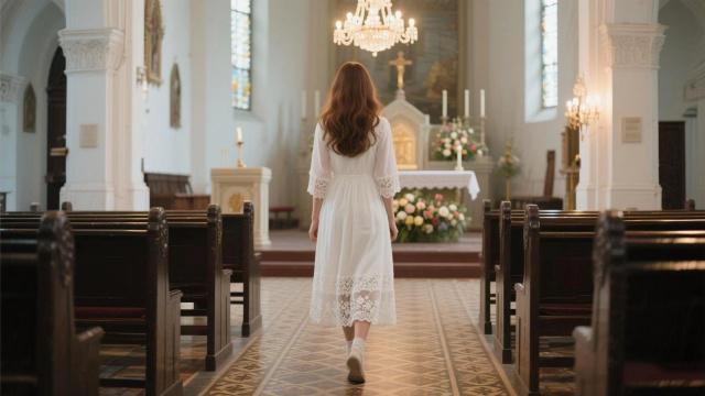 A woman in a white dress walked at a church on an unknown day.