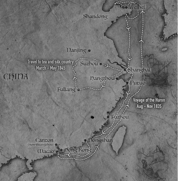 A period map of China showing the voyage of the Huron in 1835 and Medhurst’s journey inland to the tea and silk country in 1845