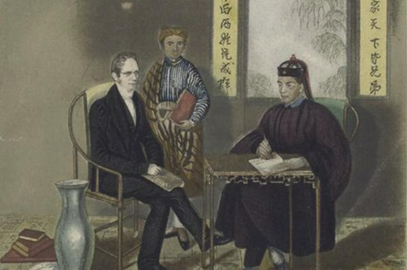 Walter Henry Medhurst in conversation with Choo-Tih-Lang in Batavia 1836, attended by a Malay boy