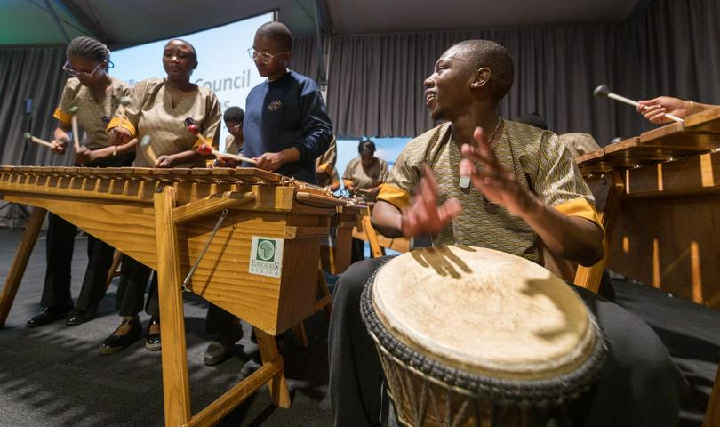 On June 18, 2025, Johannesburg, South Africa: A marimba band plays during a welcome prayer organized by local churches for the 2025 Central Committee meeting of the World Council of Churches taking place in Johannesburg (South Africa) from 18 to 24 June 2025 on the theme ’Pilgrimage of Justice, Reconciliation, and Unity’.