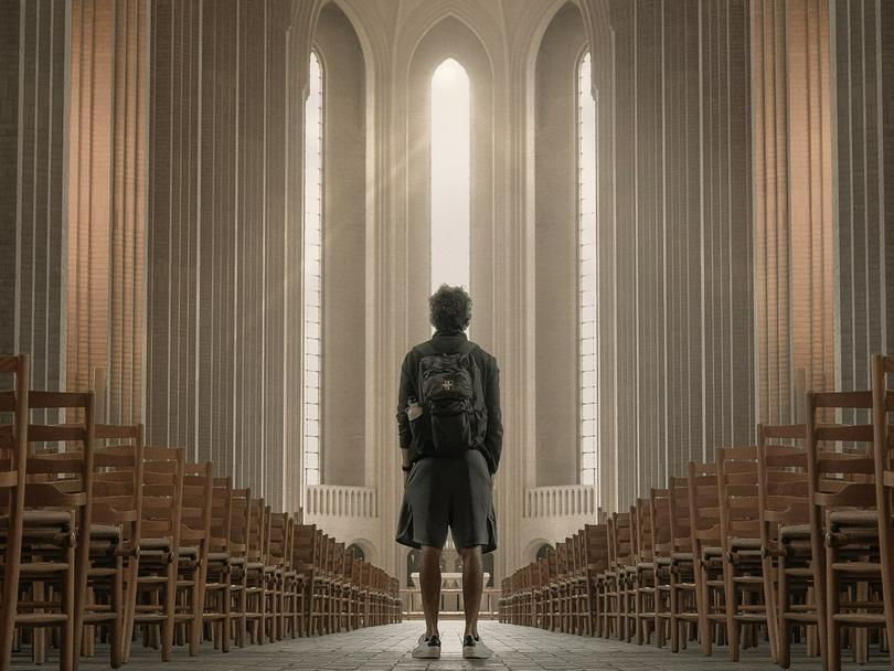 A young man in a black jacket is standing inside a church building on an unknown day.
