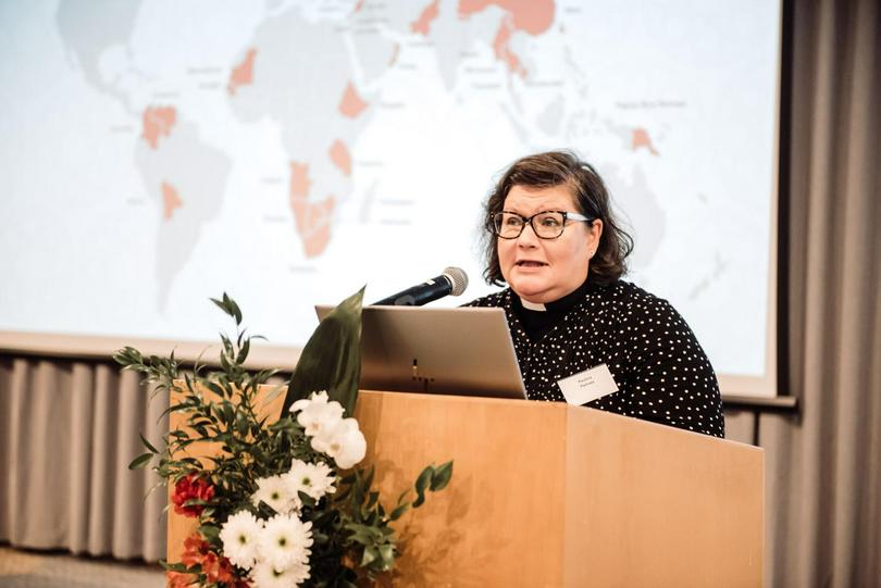 Rev. Pauliina Parhiala, executive director of Felm, speaks at the annual meeting on 30 August in Helsinki.