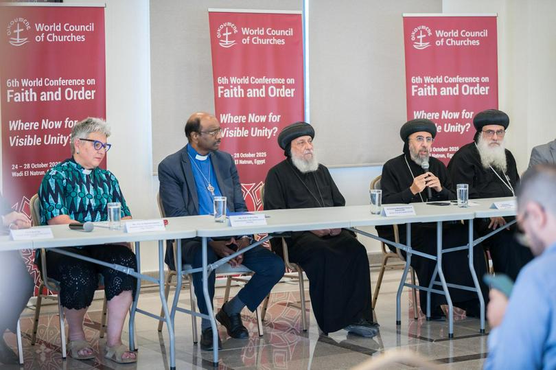 25 October 2025, Wadi El Natrun, Egypt: His Eminence Archbishop Angaelos of London speaks at a press conference at the World Council of Churches Sixth World Conference on Faith and Order taking place 24-28 October 2025 in Wadi El Natrun, Egypt, around the theme “Where now for visible unity?”