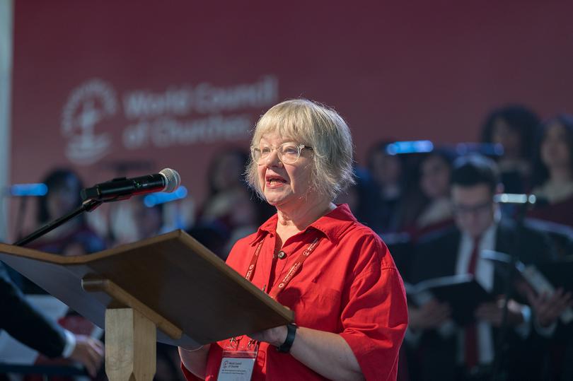 Rev. Susan Durber, WCC president from Europe, pictured during the opening prayer of the World Council of Churches Sixth World Conference on Faith and Order on October 24, 2025, in Wadi El Natrun, Egypt.