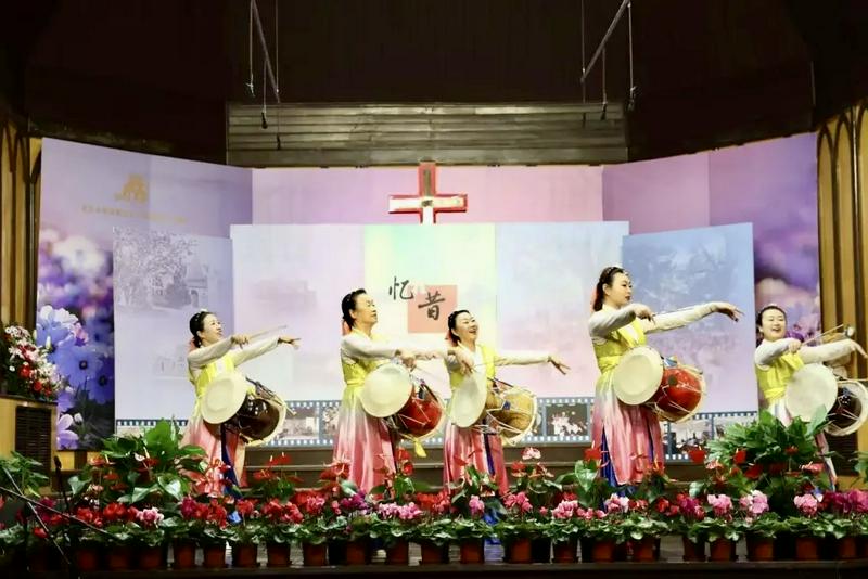 Christian members from the Korean-language fellowship offered a traditional long-drum dance during the Chongwenmen Church's 155th-anniversary celebration gala in Beijing on November 16, 2025.