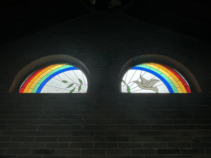 Stained-glass artwork inside the sanctuary of the Dongxinxiang Church in Xi'an, Shaanxi