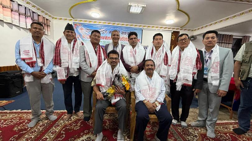 Rev. Kiran Kumar Pariyar (with flowers in his hand) was elected the new president of the National Churches Fellowship of Nepal at the 66th general assembly on June 2, Kathmandu, Nepal. 