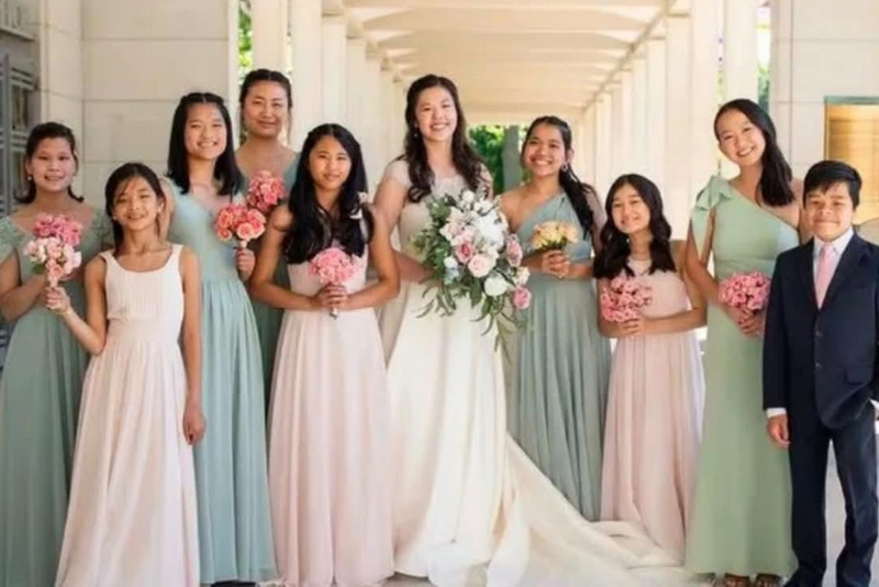 At the wedding of the oldest child, Abbey, in May 2024. Left to Right: Alexandra, Caroline, Torie, Olivia, Juliet, Abbey, Zoe, Gracie, Sophie, and Daniel. 