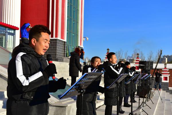 The worship team leads the praise and worship in front of Panshi Church 