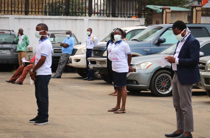 Participants observe the new rules of social distancing at the launch of The United Methodist Church’s Anti COVID-19 Campaign and Taskforce in Sinkor, Liberia, outside Monrovia.