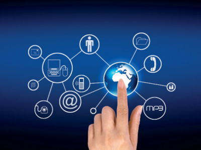 A finger touches an intricate network.