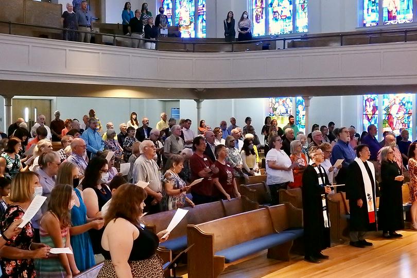 The First United Methodist Church in Denton, Texas, joins in worship on June 6, the first time the sanctuary had been used for that purpose since COVID-19 forced building closures all over the U.S.