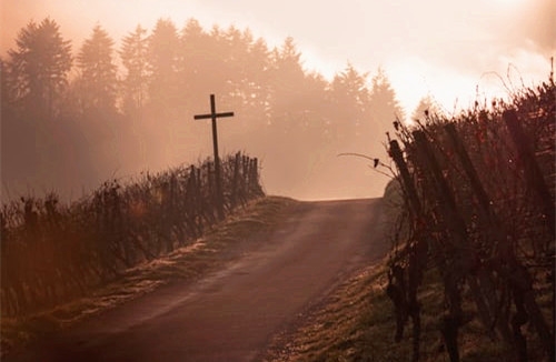 A cross stands beside a road.
