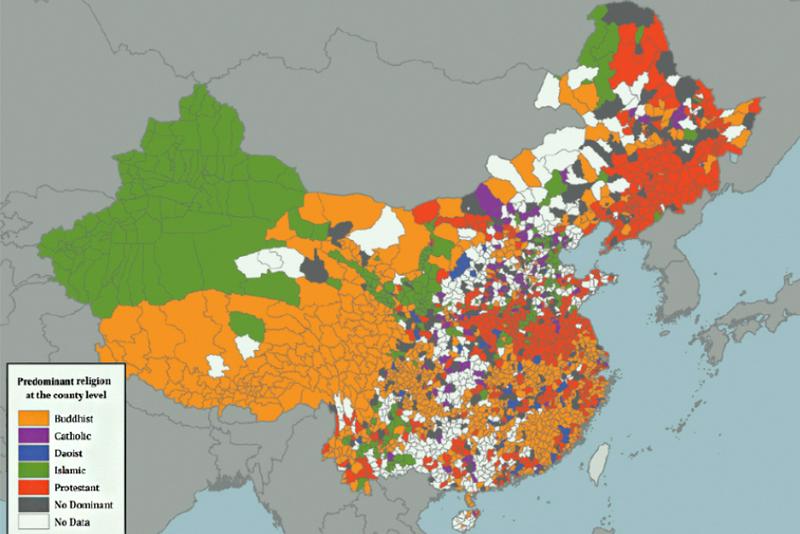 The map of "Predominant religion at the county level" in China attached in Professor Yang Fenggang's new book Atlas of Religion in China: Social and Geographical Contexts