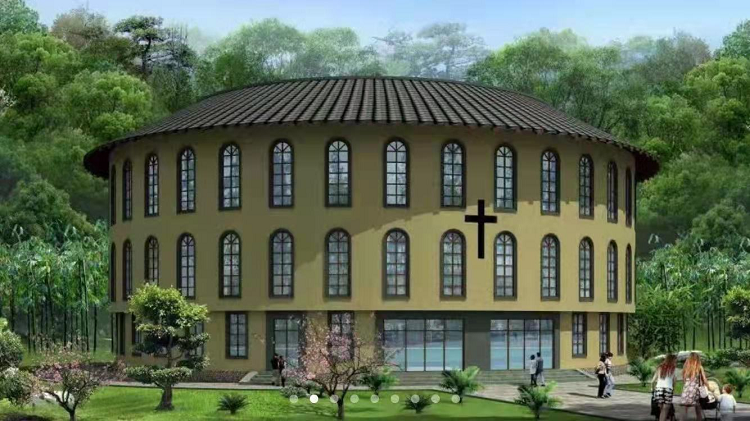 Rendering of an earthen roundhouse church after its completion in Yongding County, Longyan, Fujian Province
