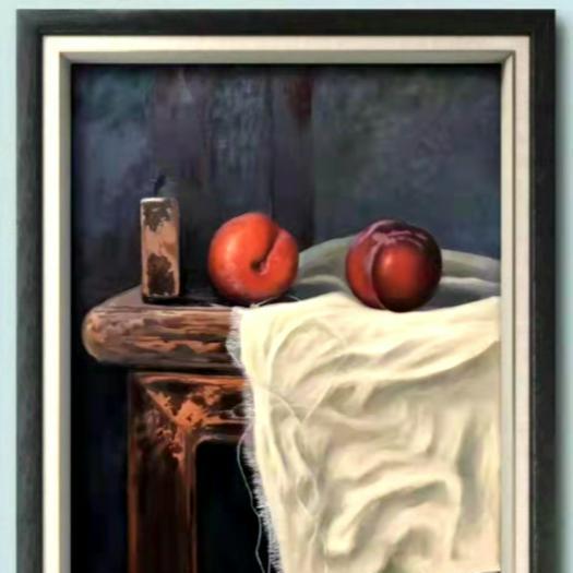 An oil painting of two apples placed on the desk by Zhang Qiang