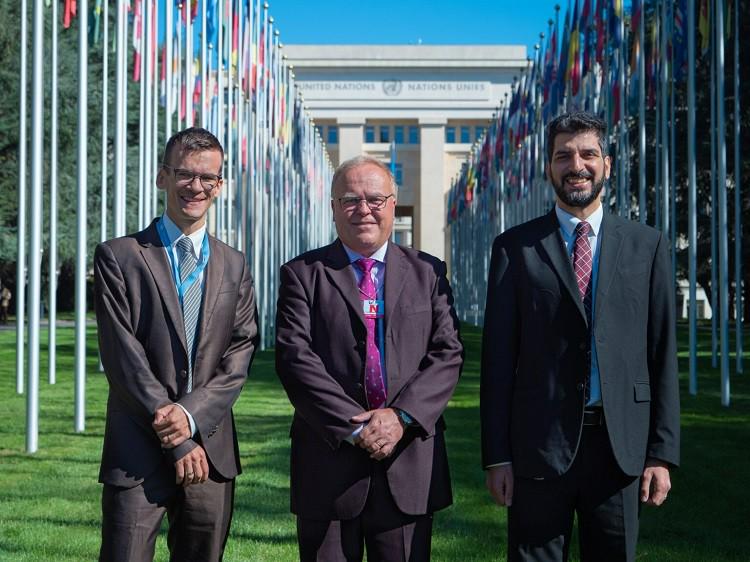 Mr. Gaetan Roy (middle), WEA's new Permanent Representative to the United Nations in Geneva, Wissam al-Saliby (right), director of the Geneva Office, and Michael Mutzner(left)