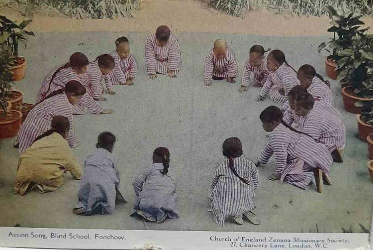 Some deaf children formed a circle in a blind school, Fuzhou, Fujian founded in August 1898 by the Church of England Zenana Missionary Society.