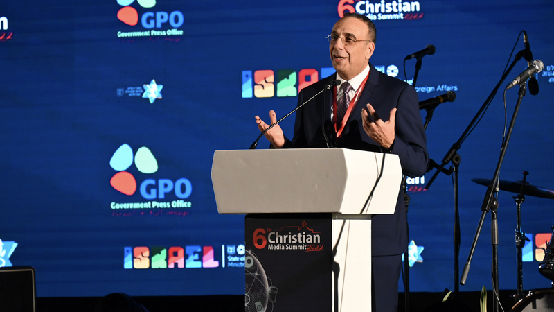 Nitzan Chen, Director of the Israel Government Press Office(GPO), gave an opening address to 120 media professionals in the gala evening of the sixth Christian Media Summit in Jerusalem, Israel, on December 11, 2022.