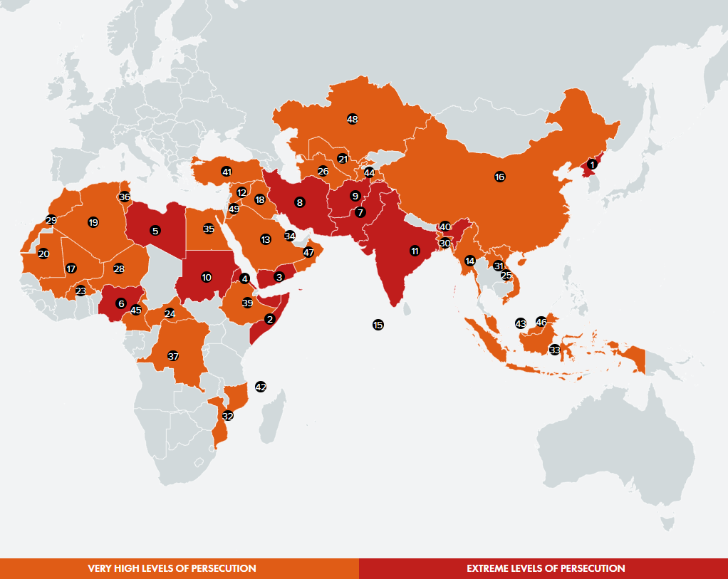 A map of the 2023 World Watch List compiled by Open Doors
